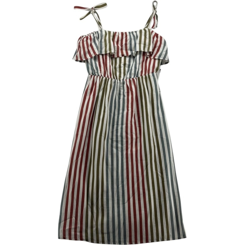 June & Hudson Womens Striped Ruffle Midi Dress Red Green Blue Medium NWT